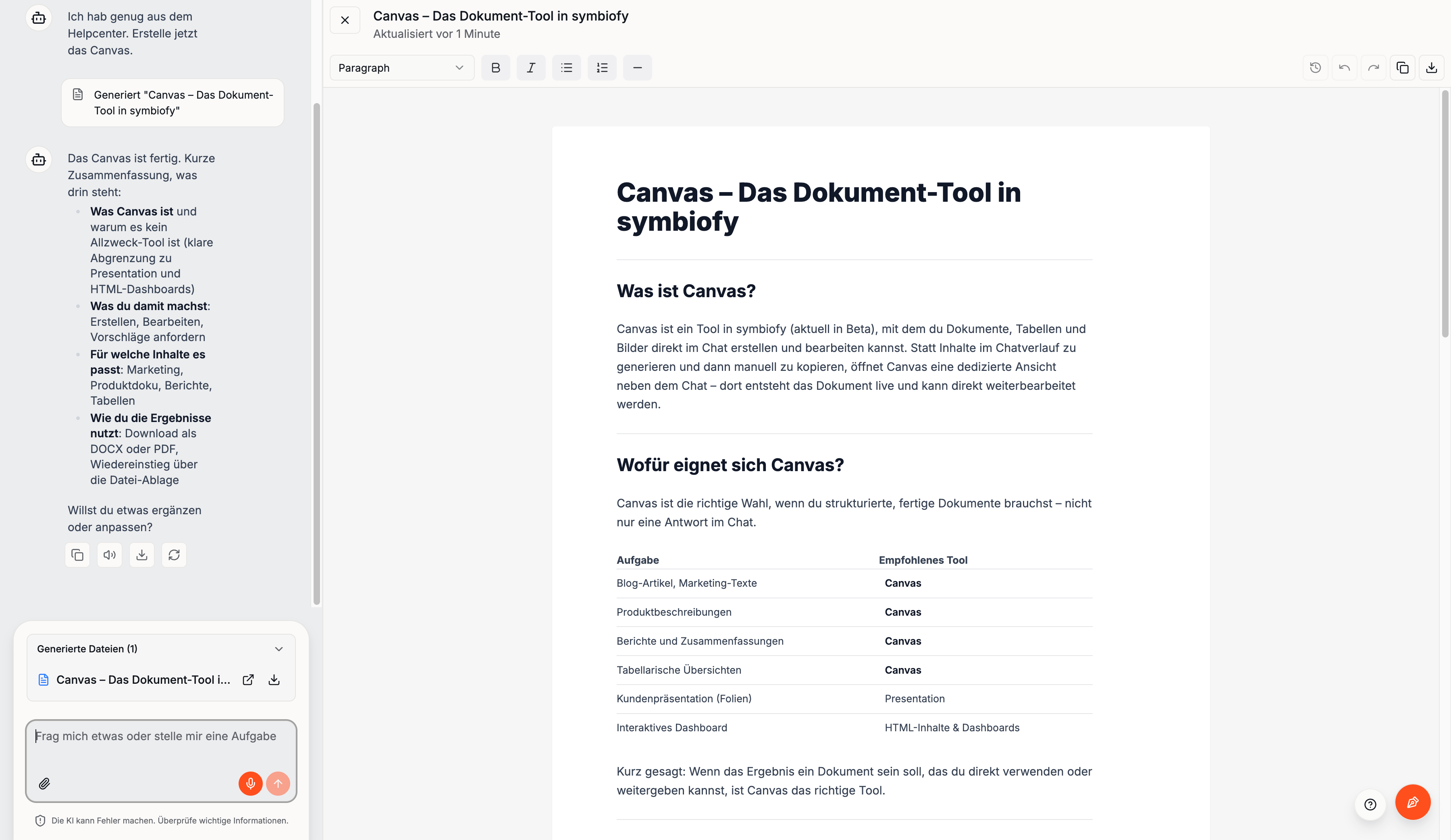 Generiertes Dokument im Canvas-Bereich