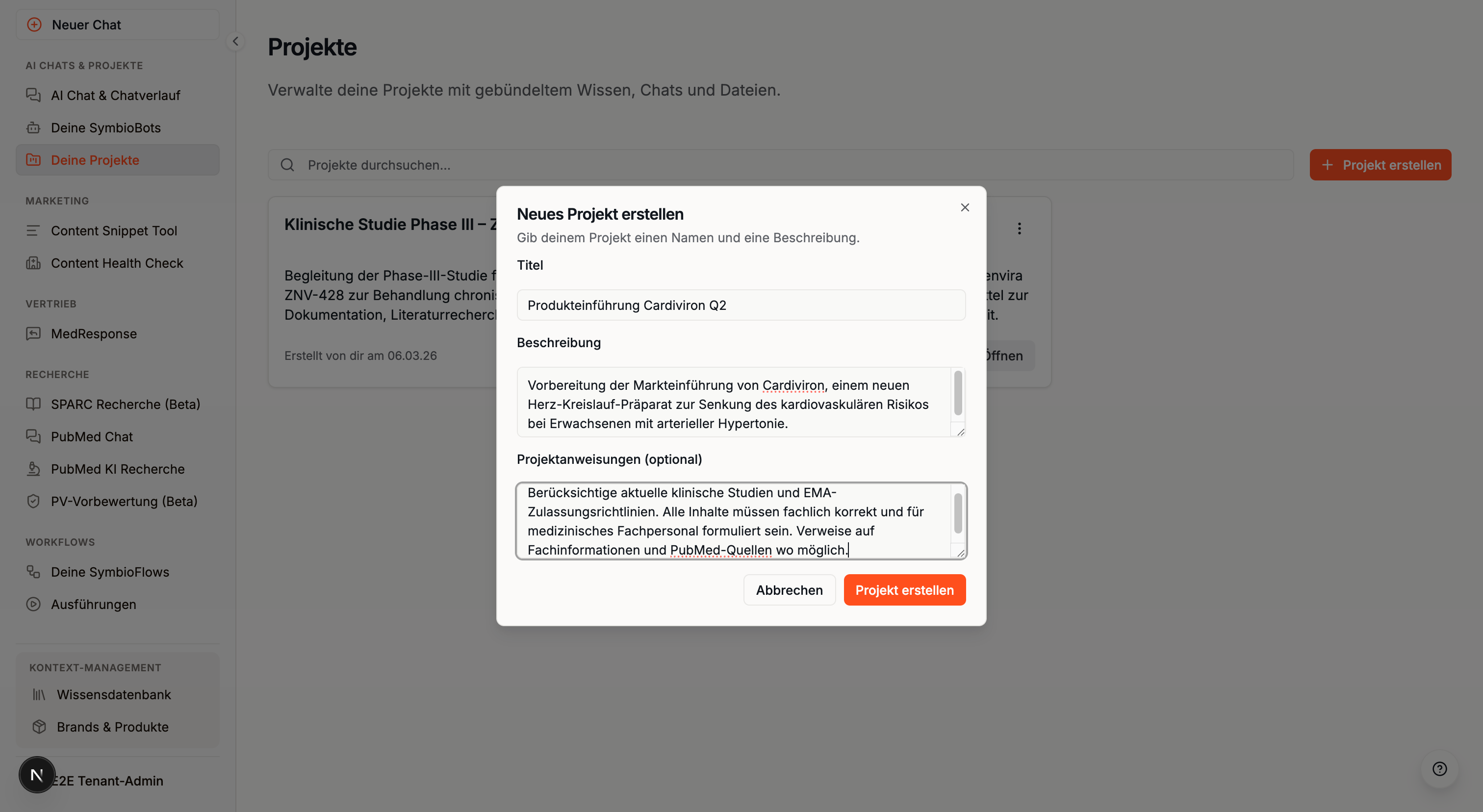 Projekt erstellen Dialog