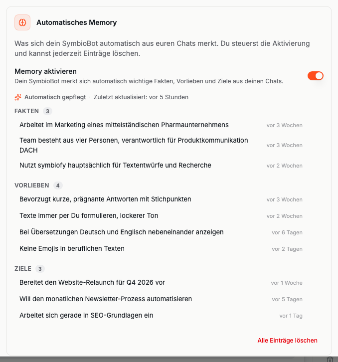 Liste der Memory-Einträge gruppiert nach Fakten, Vorlieben und Zielen