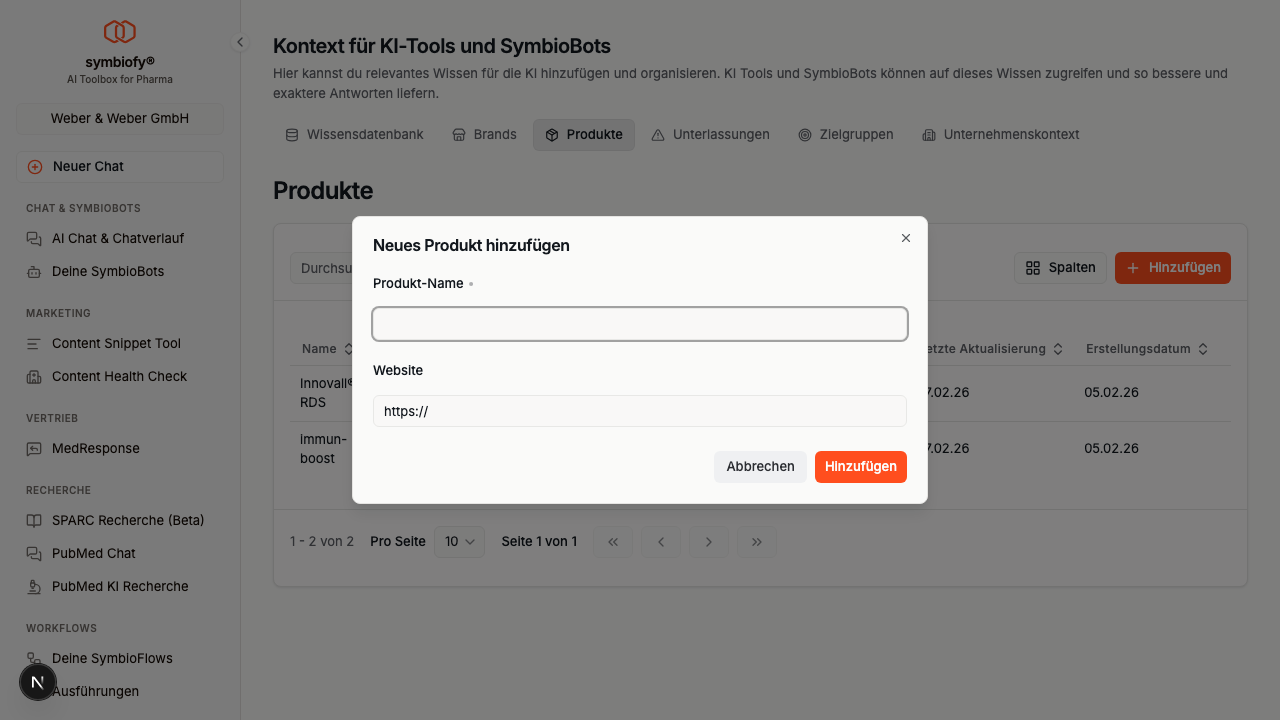 Produkt hinzufügen Dialog