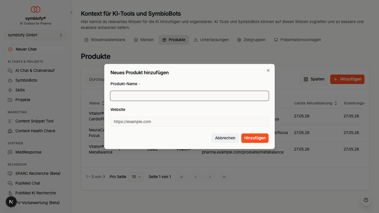 Produkt hinzufügen Dialog