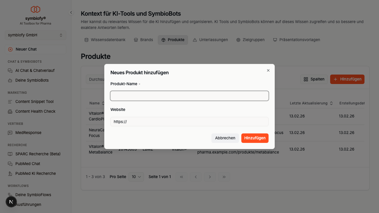 Produkt hinzufügen Dialog