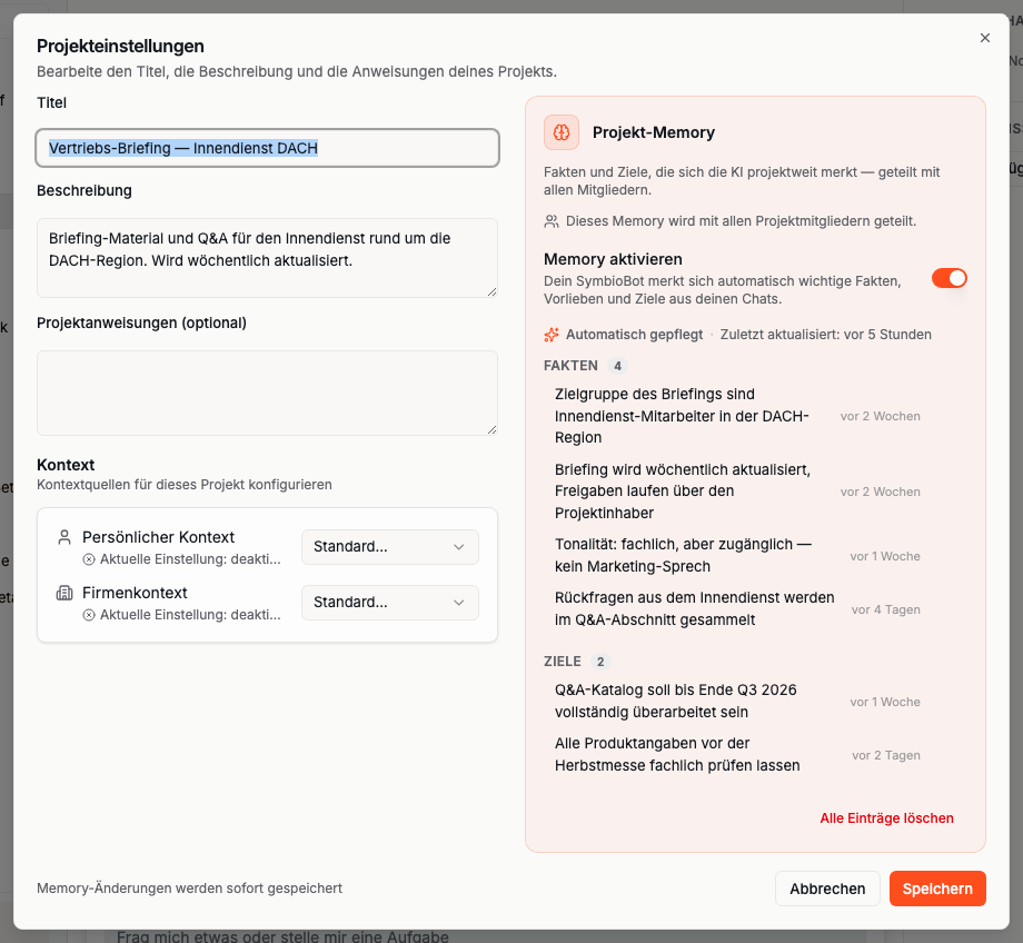 Projekteinstellungen mit dem Bereich Projekt-Memory rechts