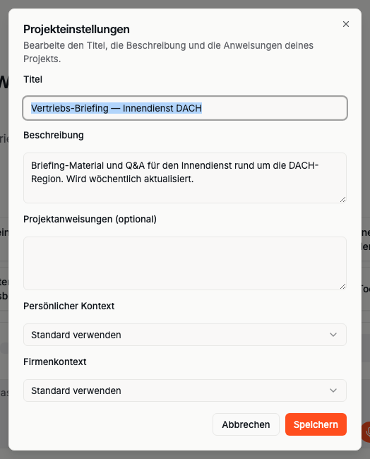 Projekteinstellungen mit Kontext-Auswahl