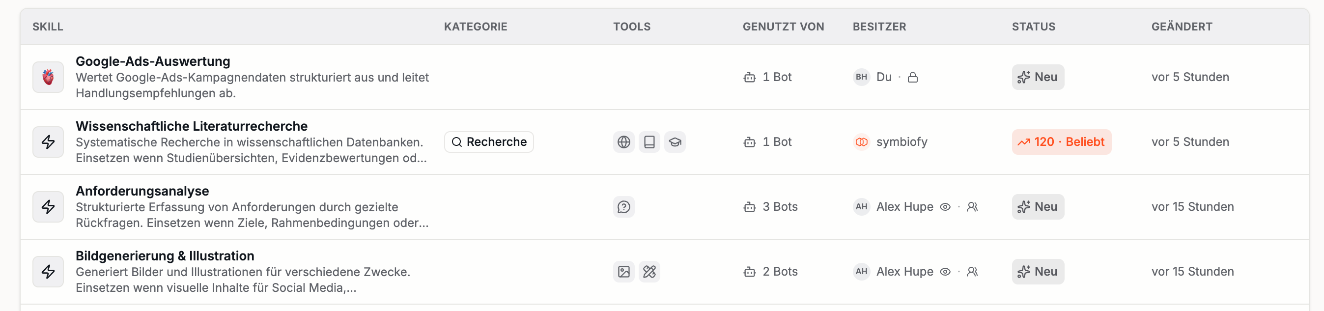 Skills in der Liste