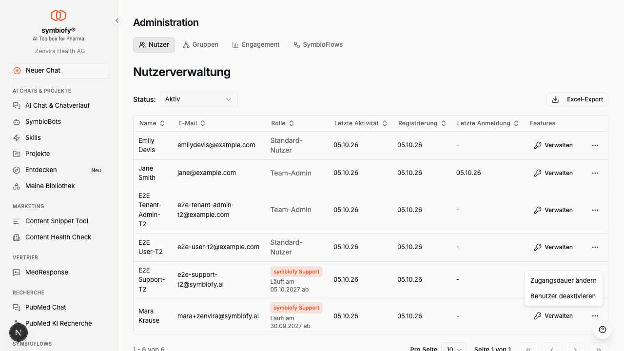 Aktionsmenü mit „Zugangsdauer ändern" und „Benutzer deaktivieren"