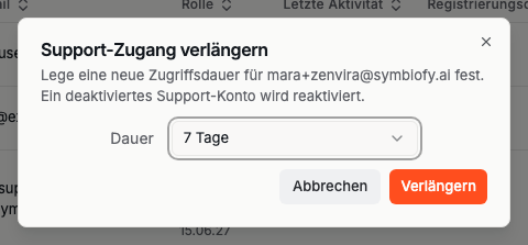 Dialog „Support-Zugang verlängern" mit der Auswahl der Dauer