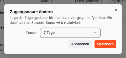 Dialog „Zugangsdauer ändern" mit der Auswahl der Dauer