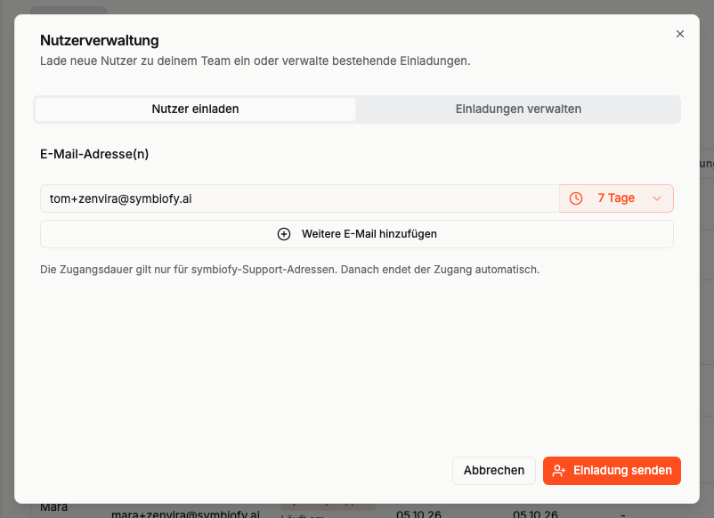 Dialog „Nutzerverwaltung" mit einer symbiofy-Support-Adresse und der Auswahl der Zugangsdauer