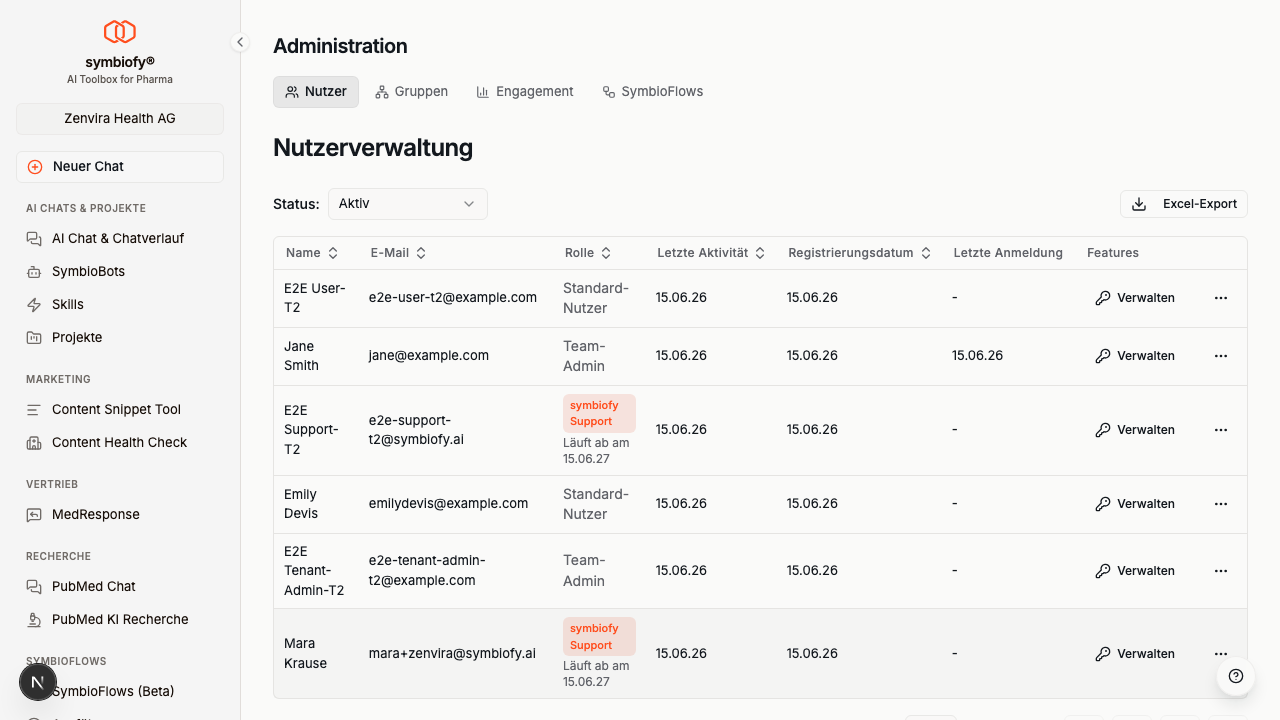 Benutzerliste mit einem symbiofy Support-Eintrag und Ablaufdatum