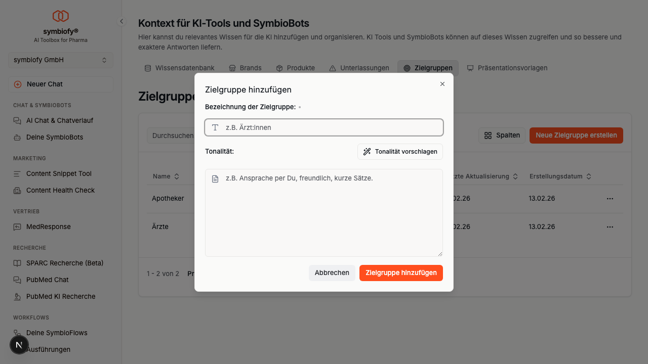 Zielgruppe erstellen Dialog