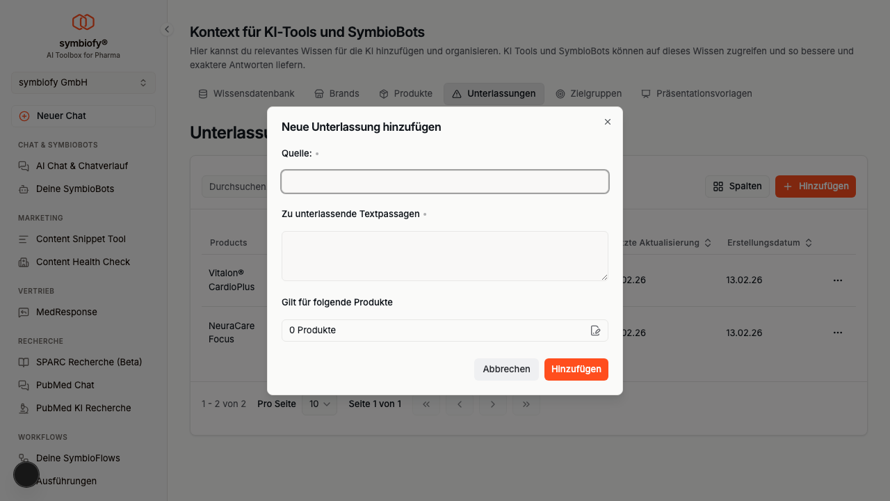 Unterlassung hinzufügen Dialog